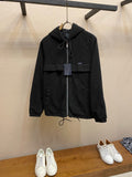 Prada hooded zip jacket with drawstring cords and front patch pockets, dark color