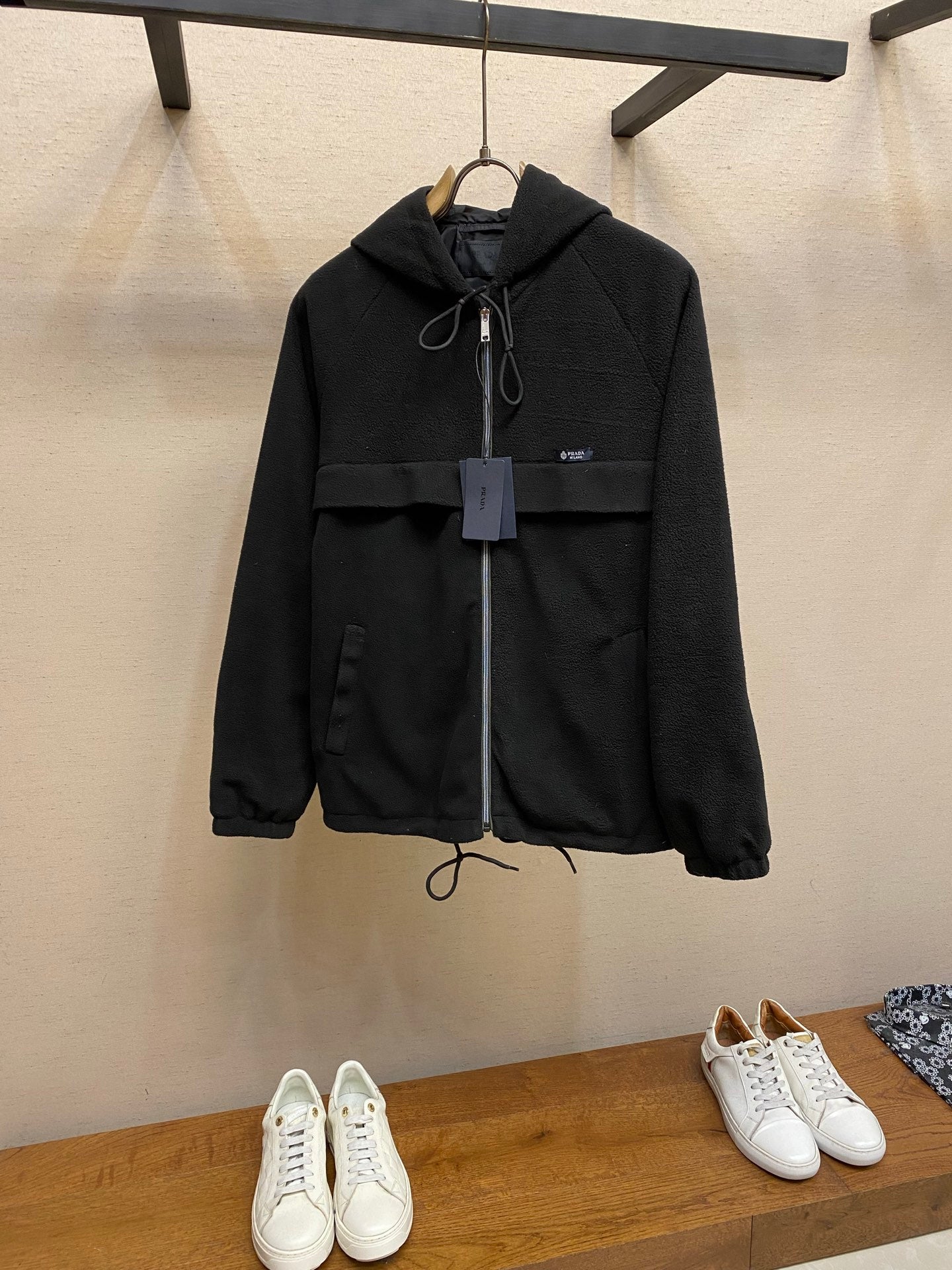 Prada hooded zip jacket with drawstring cords and front patch pockets, dark color
