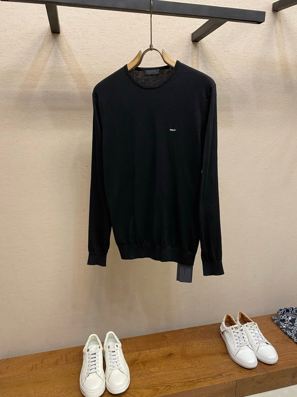 Prada crewneck sweater, long sleeves, dark knit with small chest logo