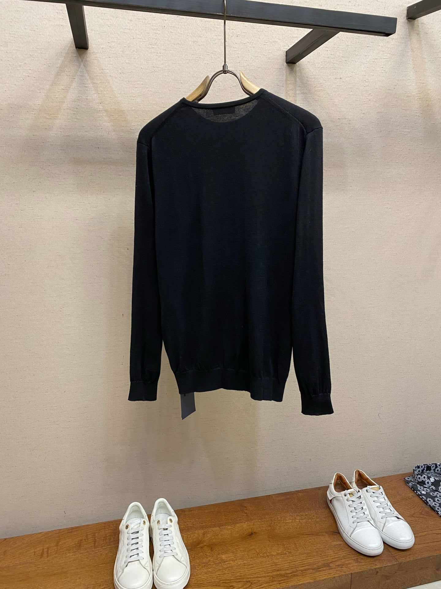 Prada long-sleeve crewneck sweater in dark knit with small logo at chest