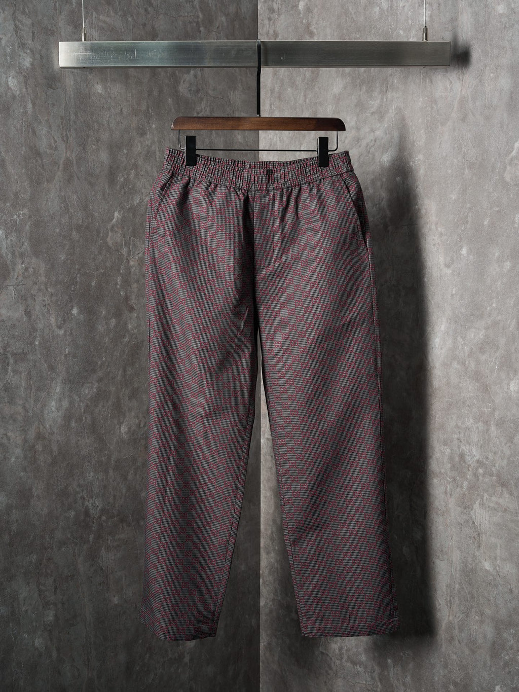 Gucci pants with elastic drawstring waist, maroon and gray GG-pattern woven fabric