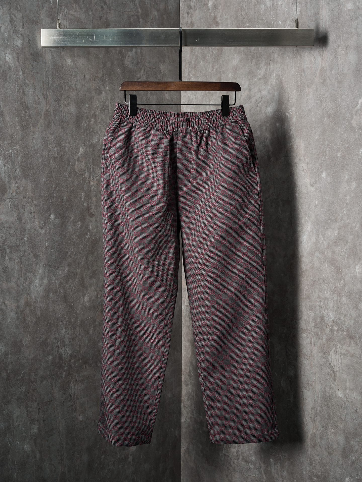 Gucci pants with elastic drawstring waist, maroon and gray GG-pattern woven fabric