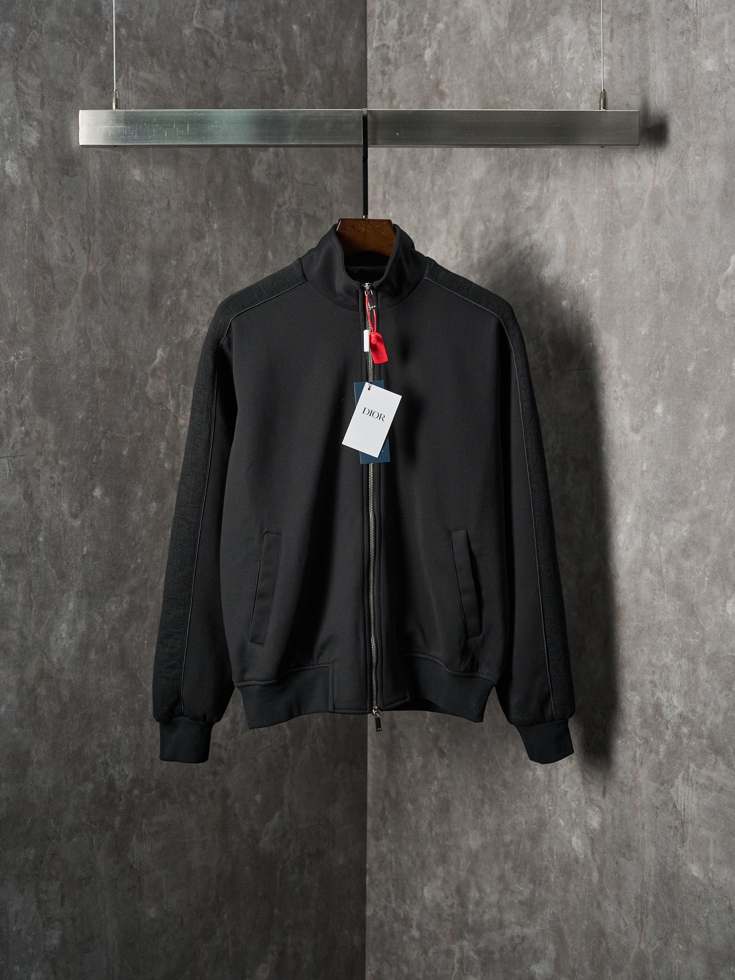 Black Dior zip-up bomber jacket with stand collar and front pockets