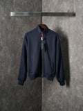 Navy zip-up jacket with stand collar and two front pockets