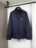 Prada dark navy long jacket with full-zip front and hood