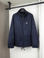 Prada dark navy long jacket with full-zip front and hood