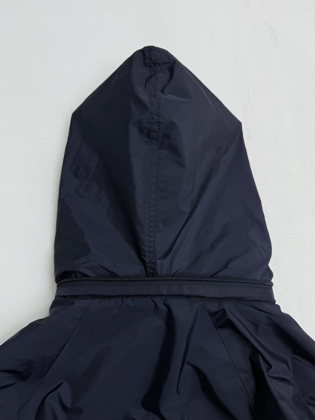 Prada dark navy long jacket hooded back panel with front drawstring