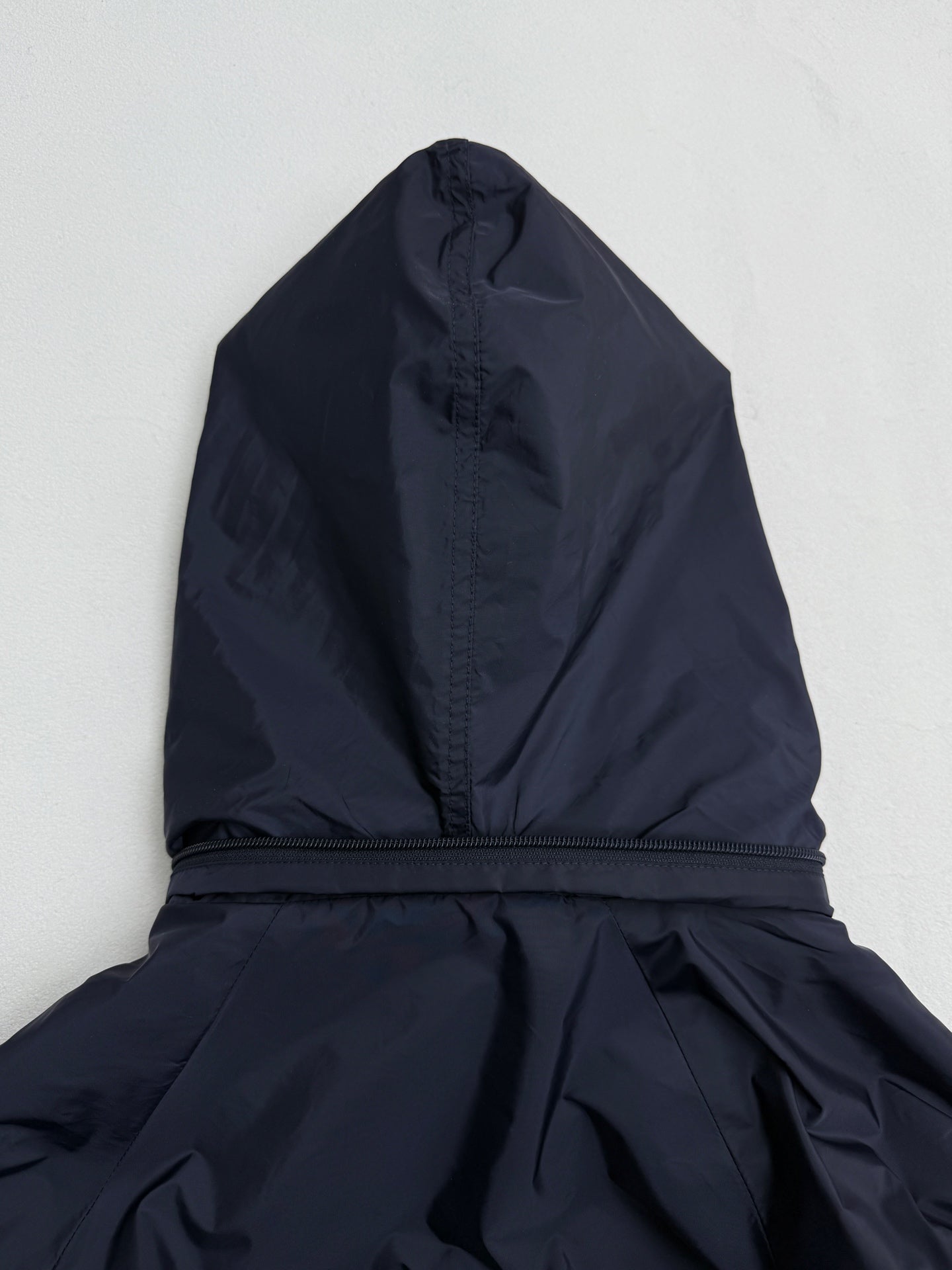 Prada dark navy long jacket hooded back panel with front drawstring