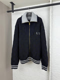 Louis Vuitton long knit cardigan, navy with gray-and-white striped collar and cuffs