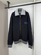 Louis Vuitton long knit cardigan, navy with gray-and-white striped collar and cuffs
