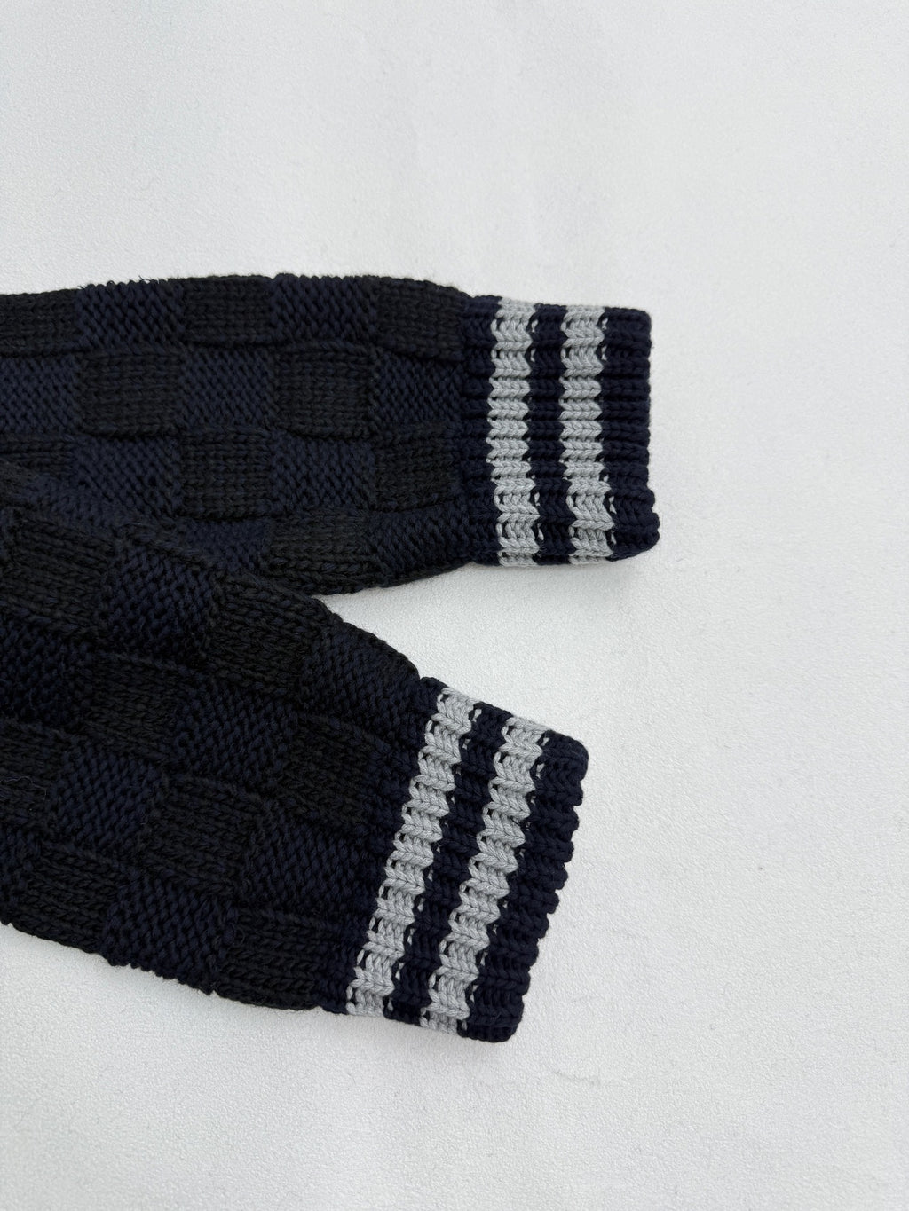 Louis Vuitton knit cardigan ribbed cuffs in navy with gray-and-white stripe bands
