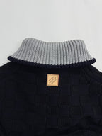 Louis Vuitton long knit cardigan back with tan logo patch and striped knit collar