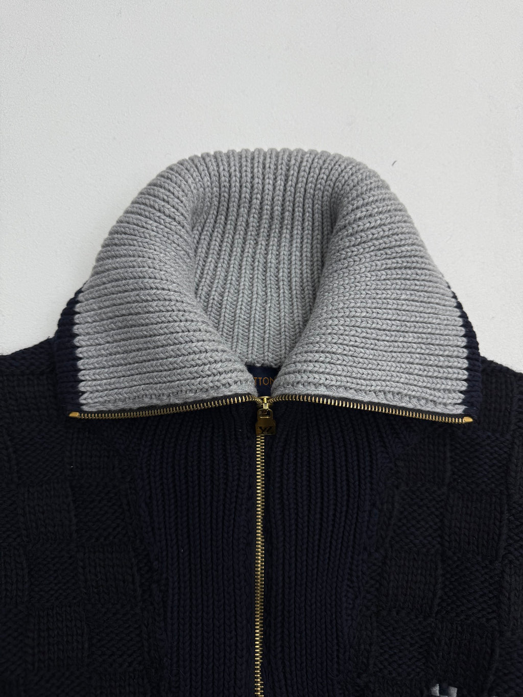 Louis Vuitton knit cardigan collar, gray knit with gold zipper and navy placket