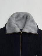 Louis Vuitton knit cardigan collar, gray knit with gold zipper and navy placket