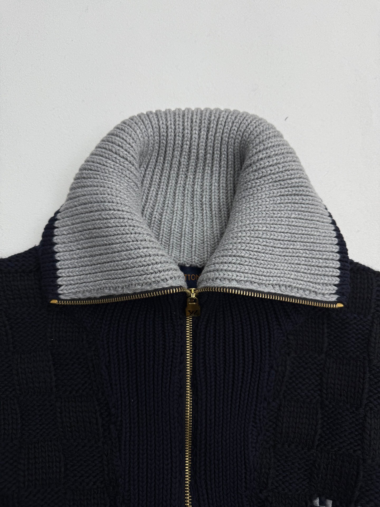 Louis Vuitton knit cardigan collar, gray knit with gold zipper and navy placket