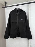 Black hooded jacket with zip front and drawstring neckline