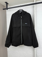 Black hooded jacket with zip front and drawstring neckline