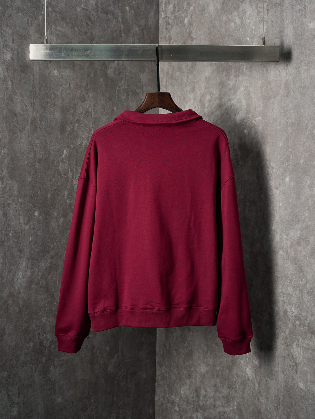 Burgundy long-sleeve polo sweatshirt, back view