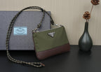 Prada bag with olive body, brown trim, and metal logo on flap