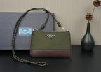 Prada bag with olive body, brown bottom, and chain shoulder strap