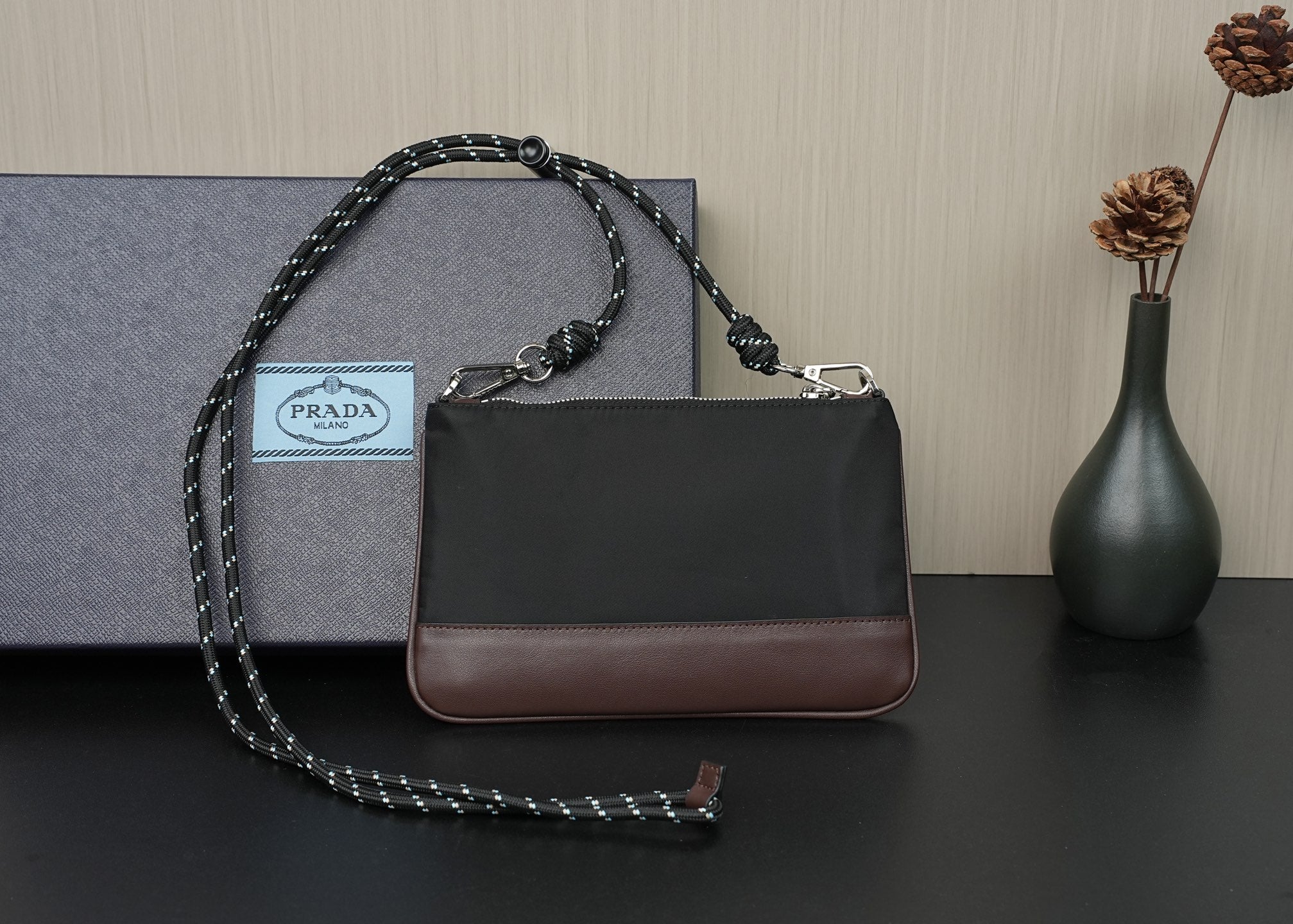 Prada shoulder bag, black with brown bottom panel, chain strap and top handle
