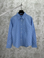 Blue Gucci long-sleeve button-up shirt with allover GG pattern and pointed collar