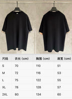 Two black short-sleeve crewneck T-shirts shown front and back; size chart included
