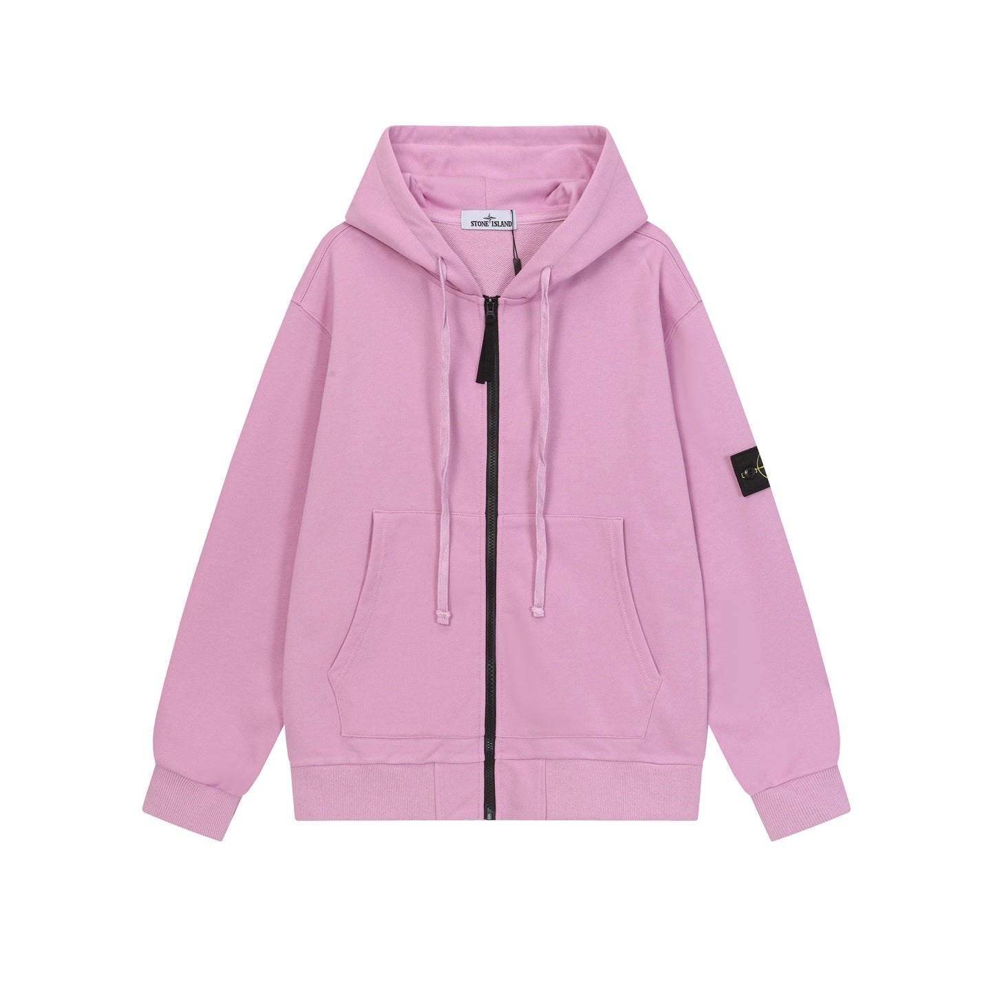 Stone Island zip-up hoodie in light pink with hood and black front zipper.