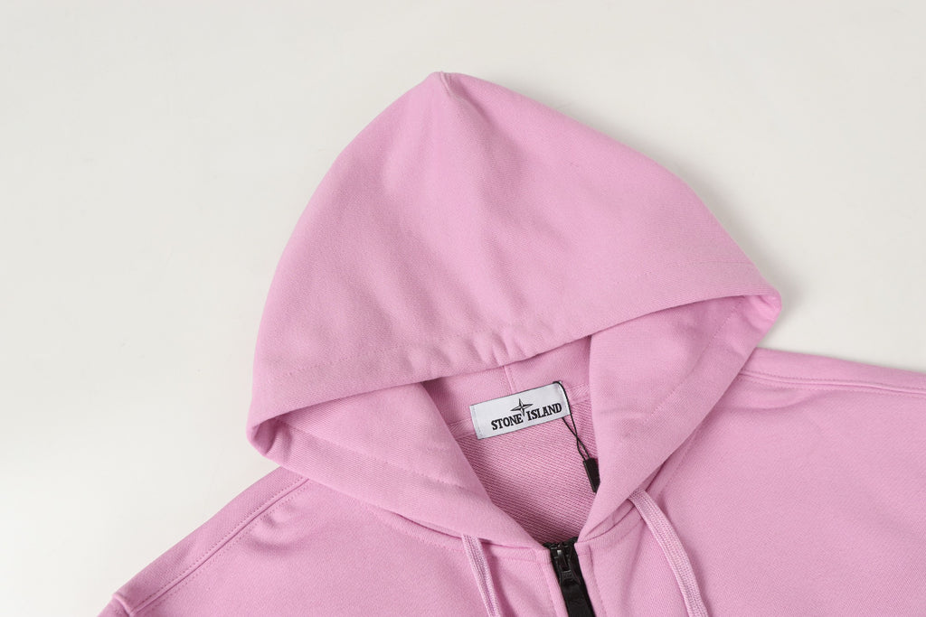 Stone Island hoodie hood with interior neck label, light pink fabric.