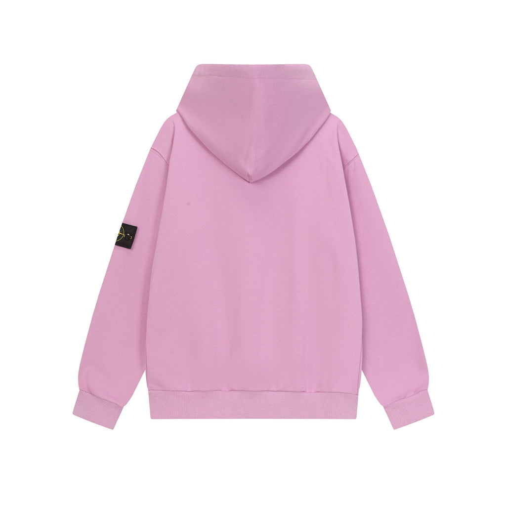 Stone Island zip-up hoodie light pink with attached hood and side logo patch.