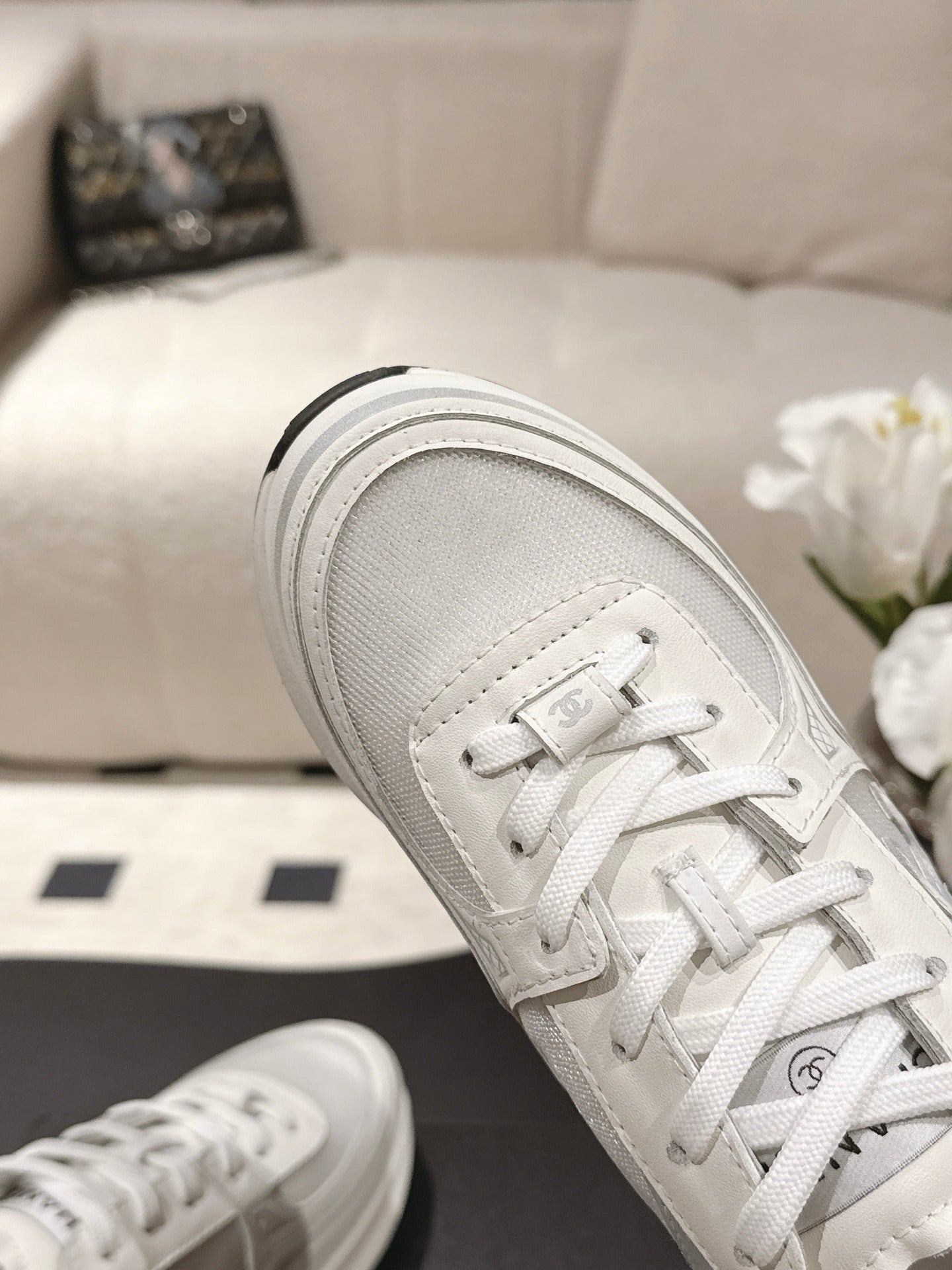 Chanel unisex white sneaker upper with lace-up details and stitched eyestays