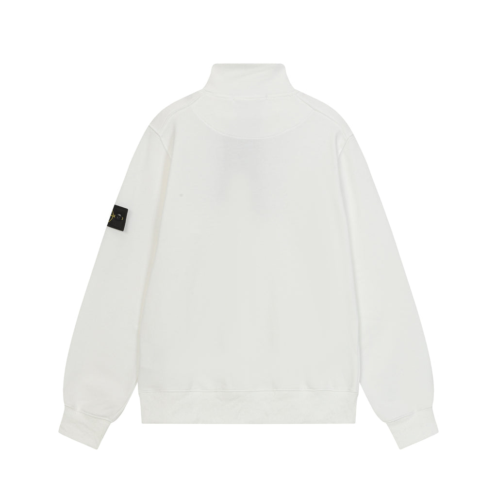 Stone Island white quarter-zip sweatshirt, back view with small sleeve logo patch