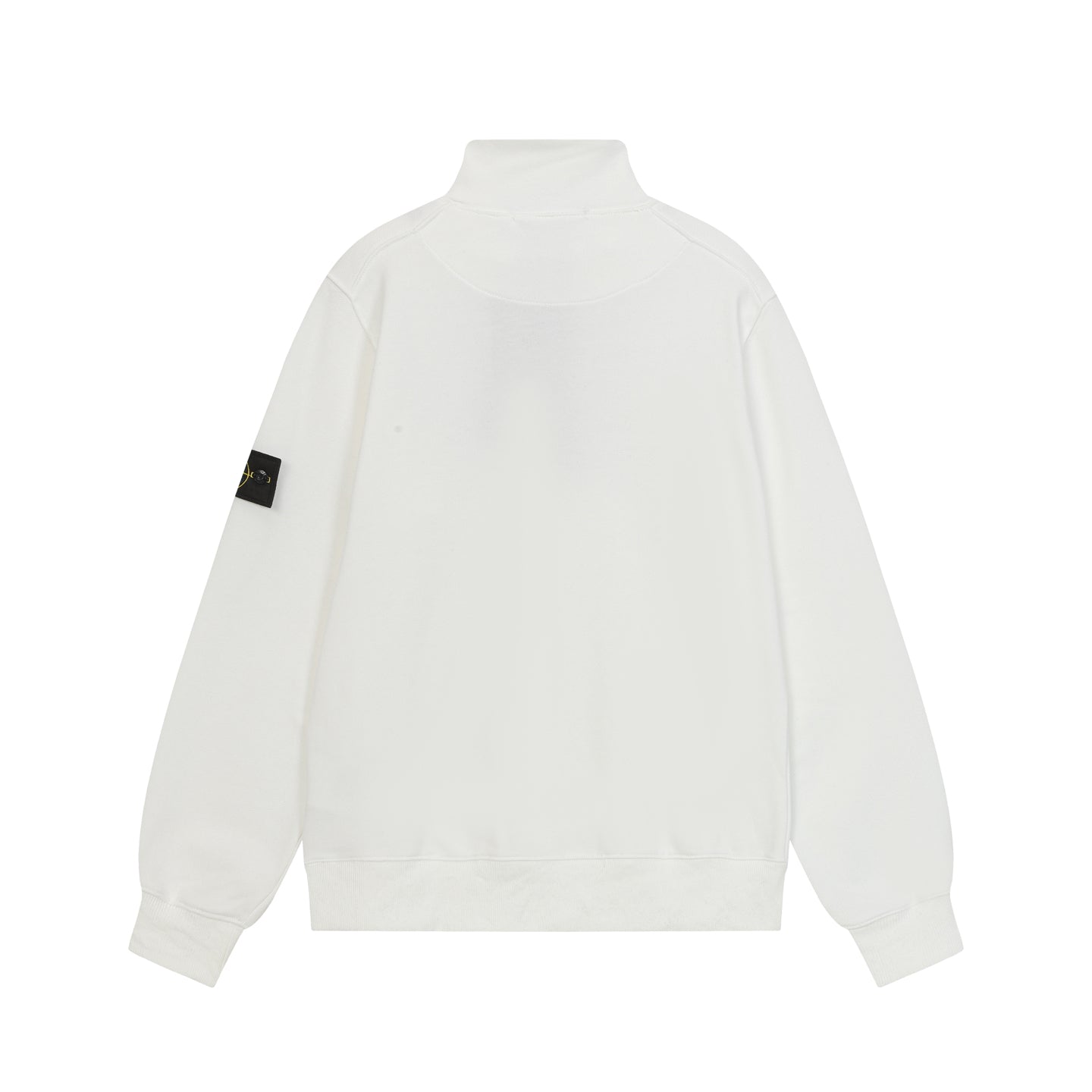 Stone Island white quarter-zip sweatshirt, back view with small sleeve logo patch