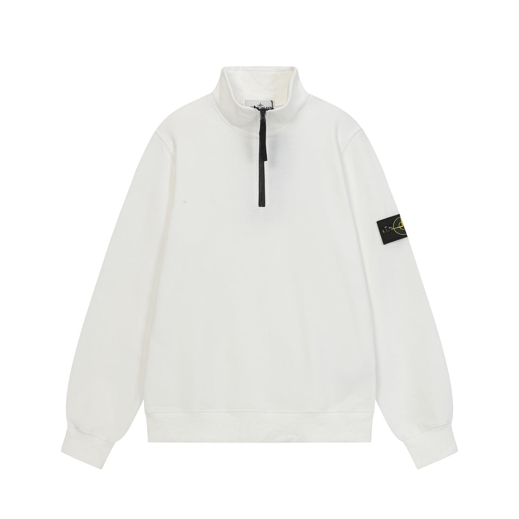 Stone Island white quarter-zip sweatshirt with stand collar and black zipper
