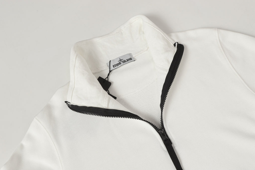 Stone Island white quarter-zip top with black zip and embroidered side logo