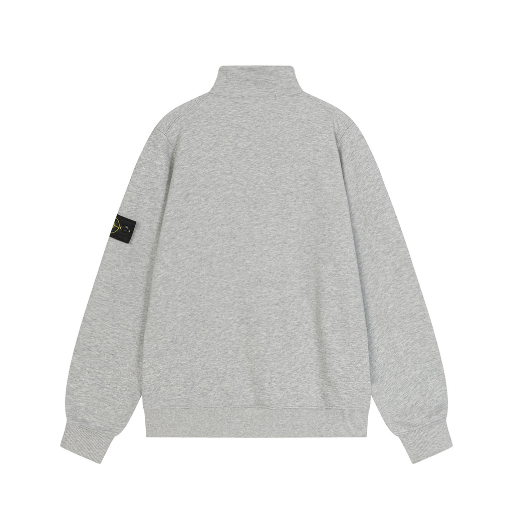 Light gray quarter-zip sweatshirt with black zipper on back