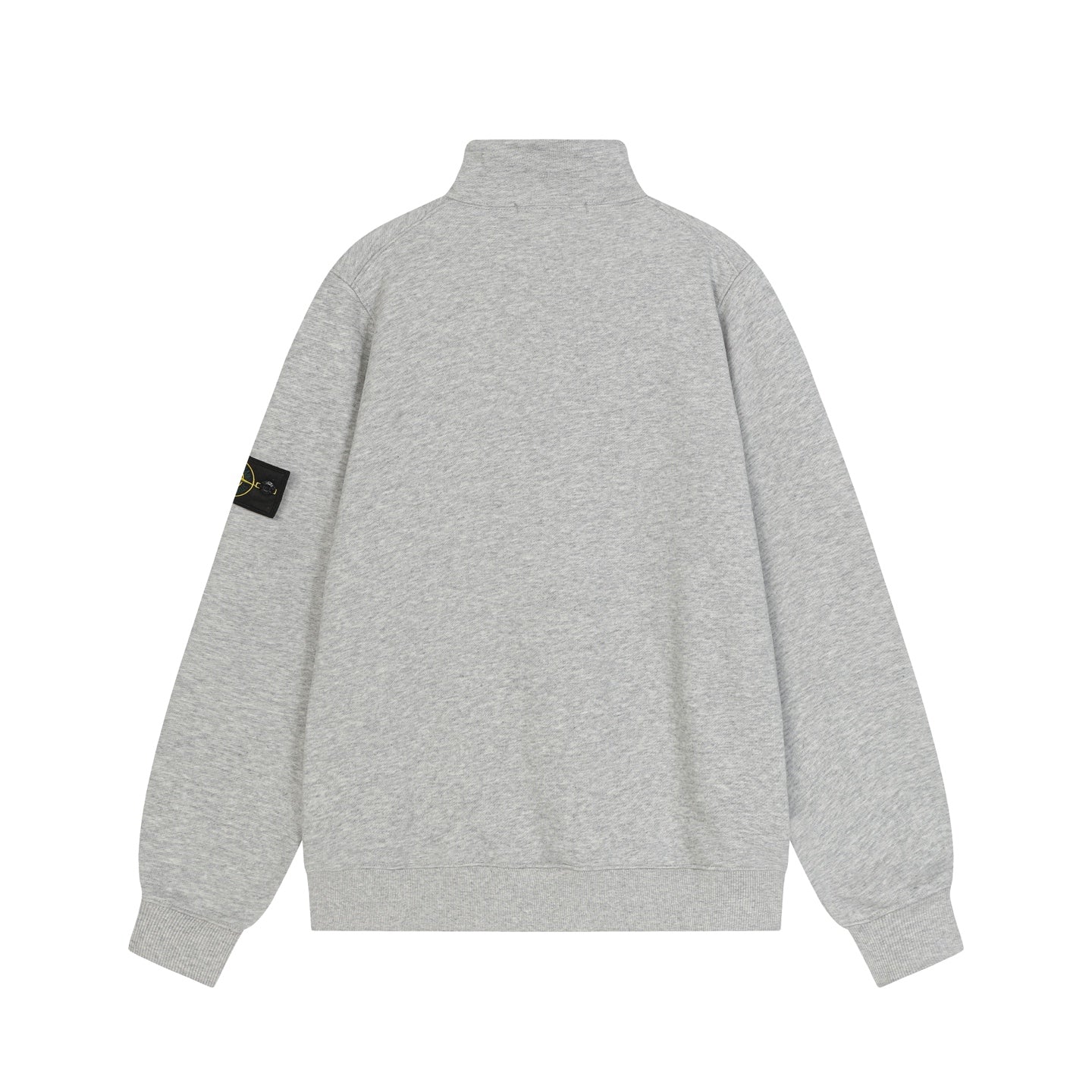 Light gray quarter-zip sweatshirt with black zipper on back
