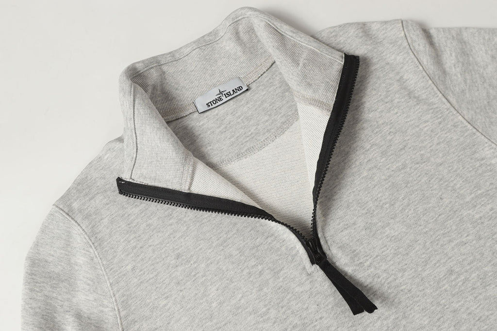 Light gray zip sweatshirt with standing collar and black zipper