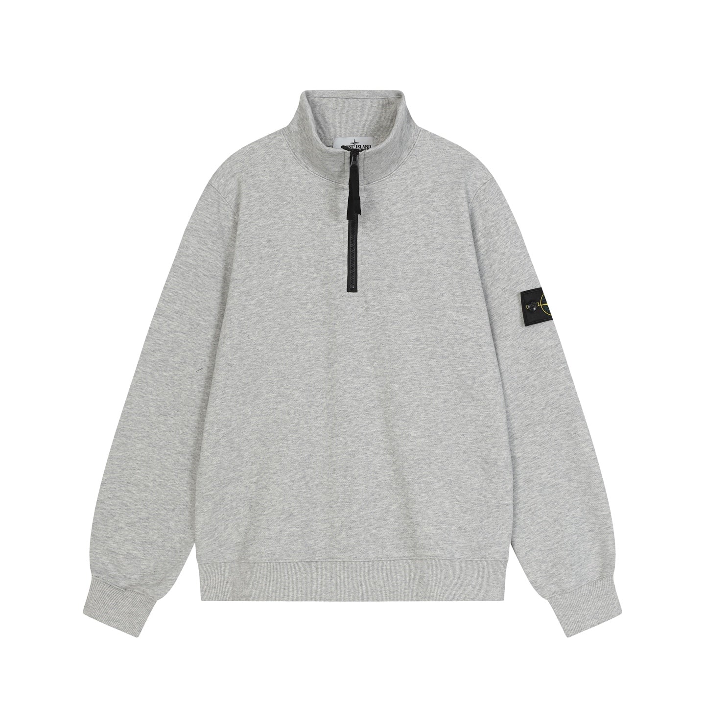 Light gray quarter-zip sweatshirt with black zipper and mock neck