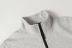 Light gray zip sweatshirt neckline with black zipper track