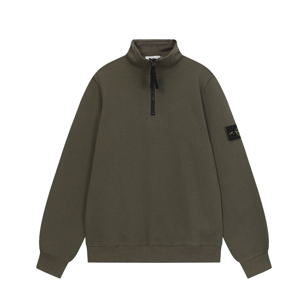 Stone Island quarter-zip sweatshirt in dark olive green with stand collar and zipper