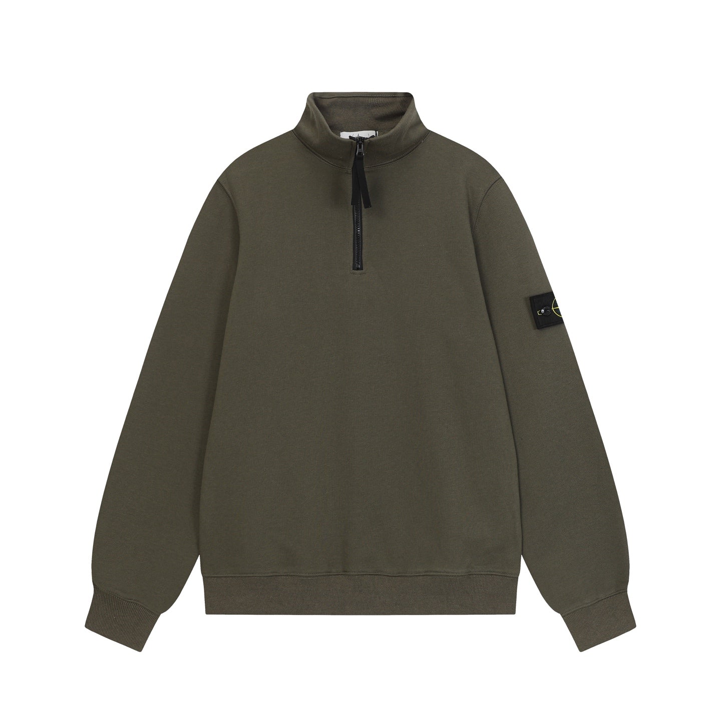 Stone Island quarter-zip sweatshirt in dark olive green with stand collar and zipper
