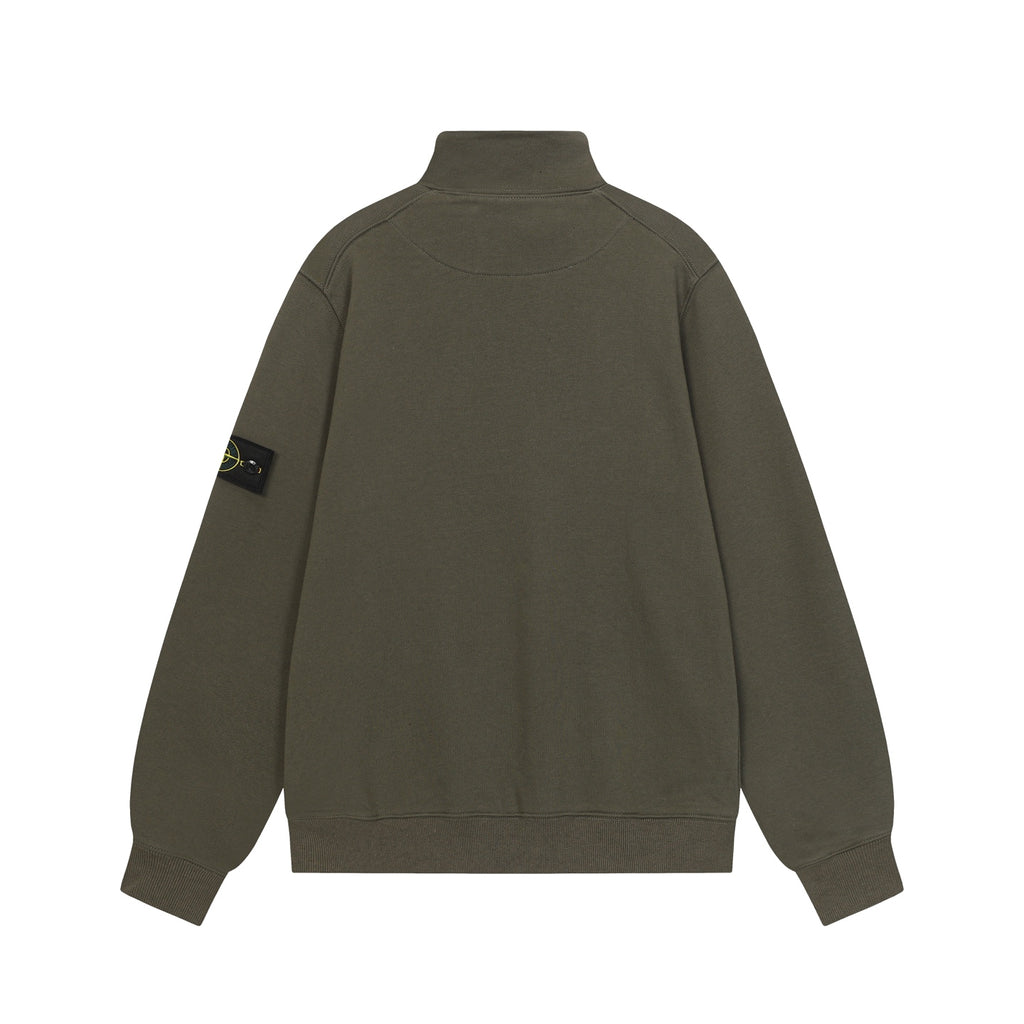 Stone Island quarter-zip sweatshirt back view in dark olive green with stand collar