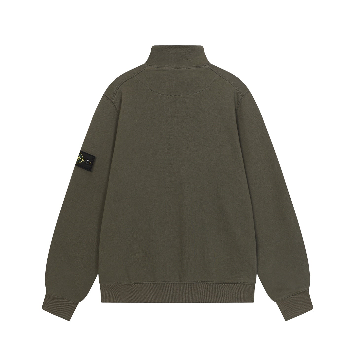 Stone Island quarter-zip sweatshirt back view in dark olive green with stand collar
