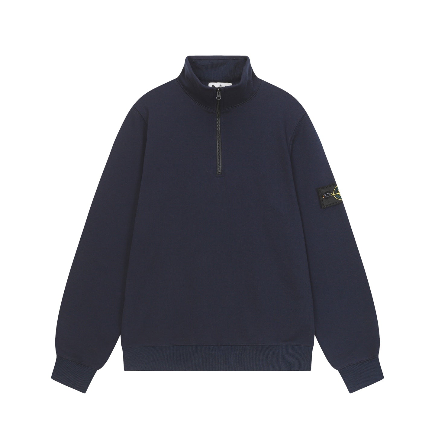 Stone Island quarter-zip sweatshirt in dark navy with stand collar and half zipper.