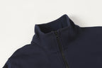 Dark navy quarter-zip sweatshirt collar with half zipper and stand neckline.