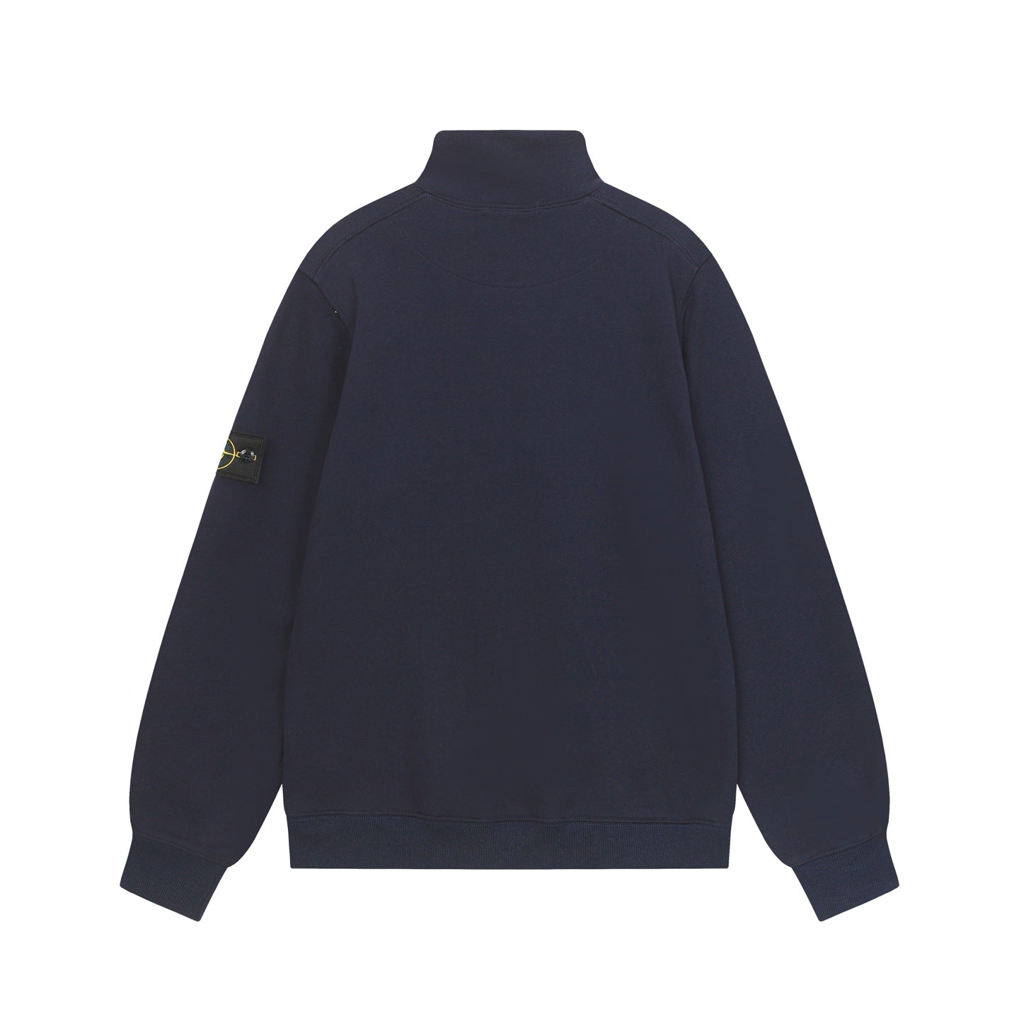 Dark navy quarter-zip sweatshirt with stand collar and logo patch on sleeve.