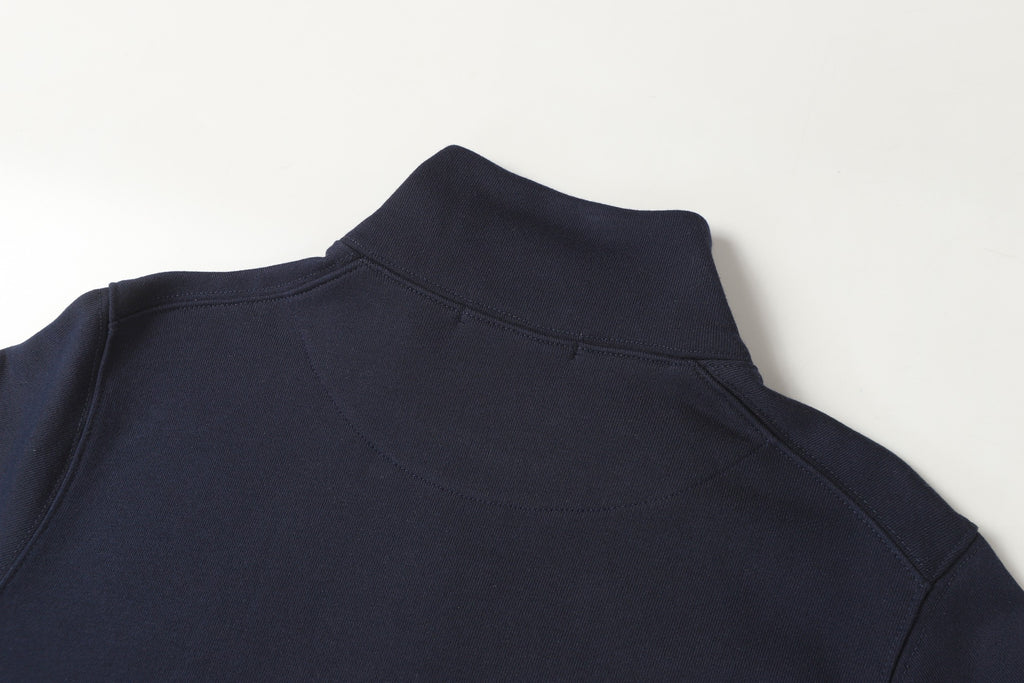 Navy quarter-zip sweatshirt shoulder and upper back section.