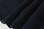 Ribbed cuffs and sleeve knit texture on navy quarter-zip sweatshirt.