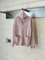 Pink speckled knit cardigan sweater with button front and stand collar, long sleeves